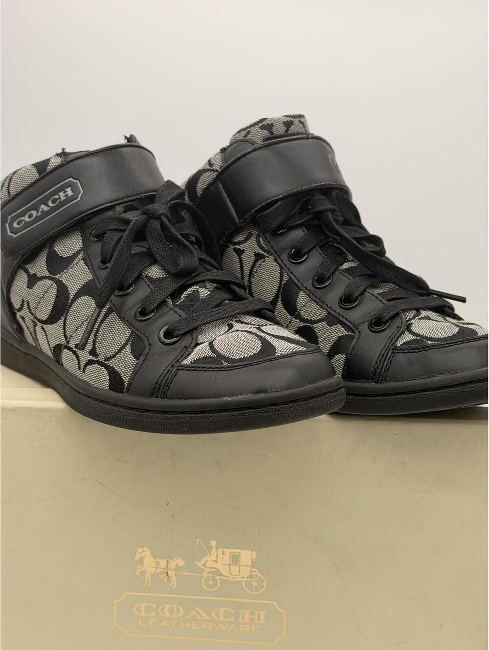 Coach Zoe Zoey High Top Sneakers Q1430 Black White Gray Leather Y2K Size 7.5